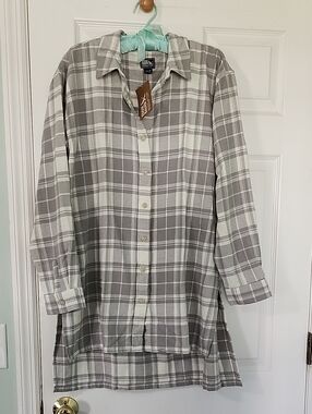 Eddie Bauer Ballard Flannel Gray and White Plaid Long Sleeve Button Tunic Shirt